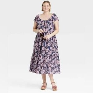 Knox Rose Floral Midi Dress Navy Blue Short Sleeve Pleated Tiered Boho Size S